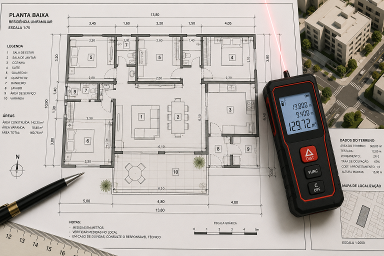 Planta de imóvel e medição técnica para avaliação imobiliária